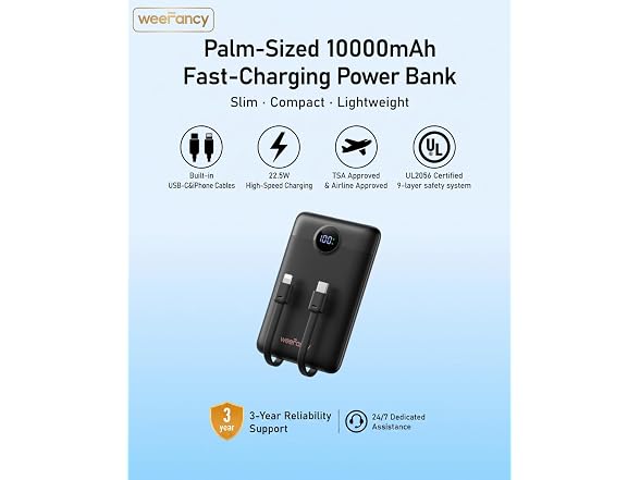 WeeFancy Mini 10000mAh Power Bank Built-In Cables
