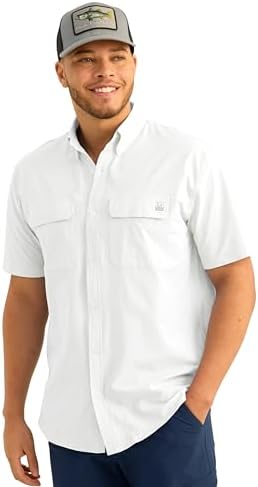 HUK Men's Standard Next Level Solid Short Sleeve Fishing Button Down Shirt, White
