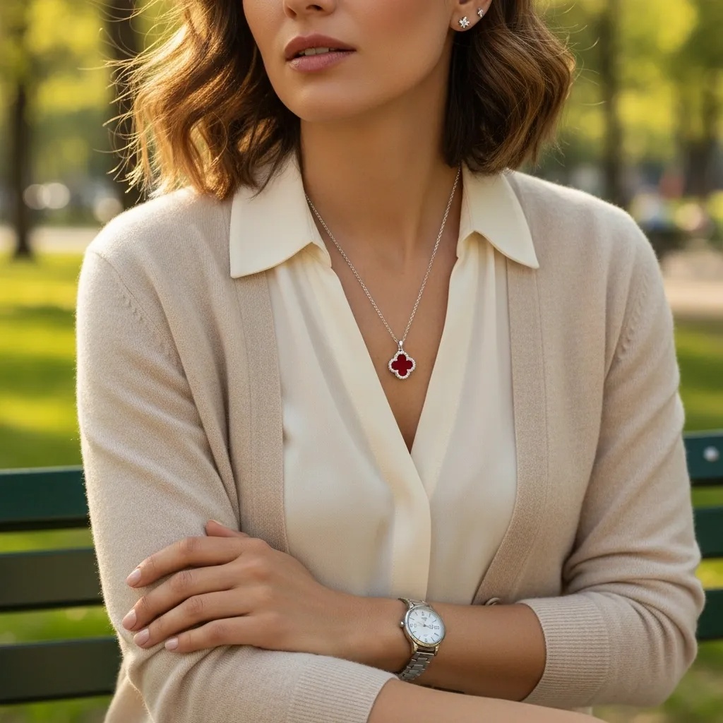 Red Clover, Moissanite Diamond Necklace - Gallery 5