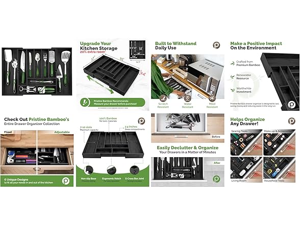 Expandable Kitchen Drawer Organizer up to 25 Inches Wide, 10 Slots - Black