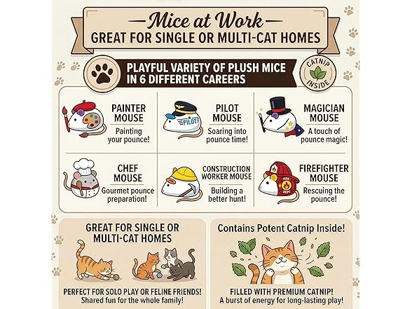 SPOT Mice at Work Cat Toys, Catnip Filled Plush Mice