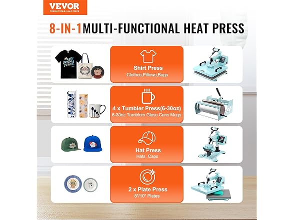 VEVOR 15x15 Heat Press: 8-in-1 Combo for