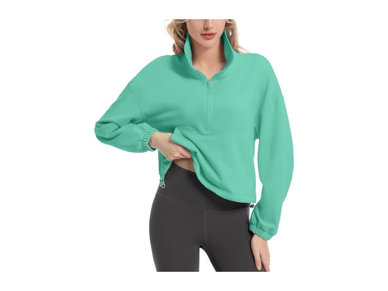 FKEEP Quarter Zip Pullover Women Cropped Sweatshirt Long Sleeve Crop Top Stand Collar Drawstring Casual Pullover zGreen a XL