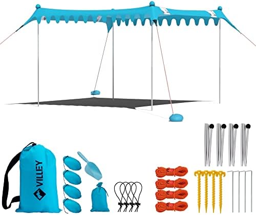 VILLEY Beach Tent Sun Shelter with UPF50+ Protection, 8×7FT Portable Sun Shade with 2 Stability Poles, 8 Ground Pegs, 4 Sandbags and Sand Shovel, Outdoor Beach Canopy for Camping Trips, Picnics