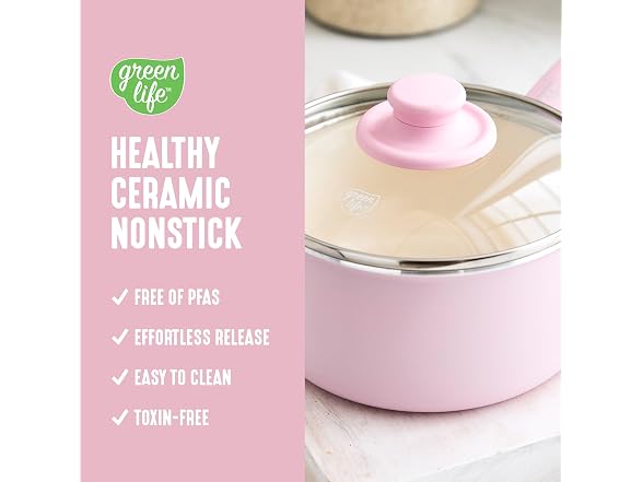 GreenLife 2.5QT Ceramic Nonstick Saucepan with Glass Lid, Pink