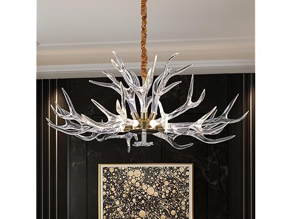 RinkBik Acrylic Antler Chandelier Ceiling Light Fixtures, Deer Antler Chandelier Lighting, Resin Antlers Pendant Light for Dining Room, Living Room, Bedroom, Kitchen, Cabin, Farmhouse 41.3" 12 Lights (Open Box)