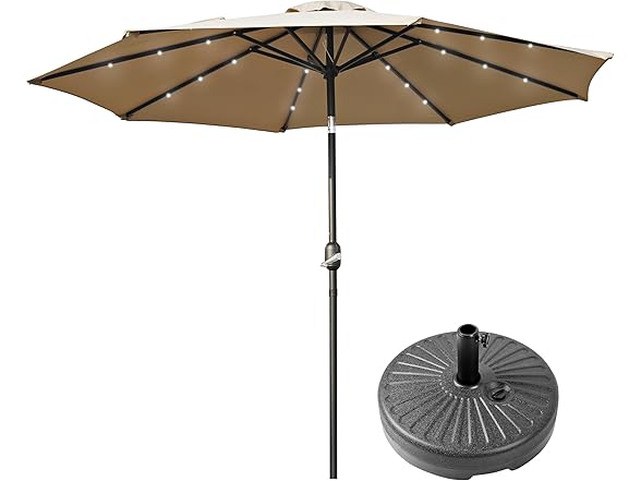 9Ft Outdoor Patio Umbrella w/ Base & LED