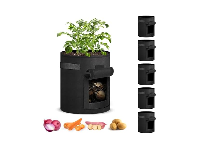 iPower 5-Pack 7-Gallon Potato Grow Bags Planter Pots with Handle, Access Flap and Visual Window, Easy to Harvest, Thickened Non-Woven Aeration Fabric Container for Tomato, Carrot, Fruits, Vegetables