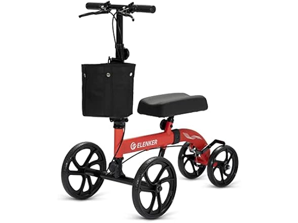 ELENKER Best Value Knee Walker with 10" Front Wheels Steerable Medical Scooter Crutch Alternative with Dual Braking System Red (Open Box)