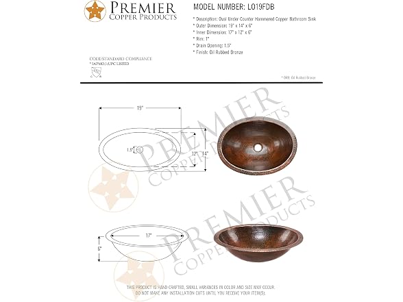 Premier Copper Products 19-In Oval Under