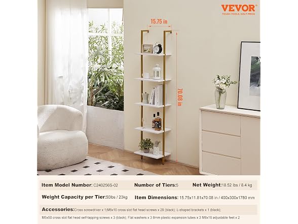 Ladder Shelf, 5-Tier Bookshelf 15.6x11.8in, Open