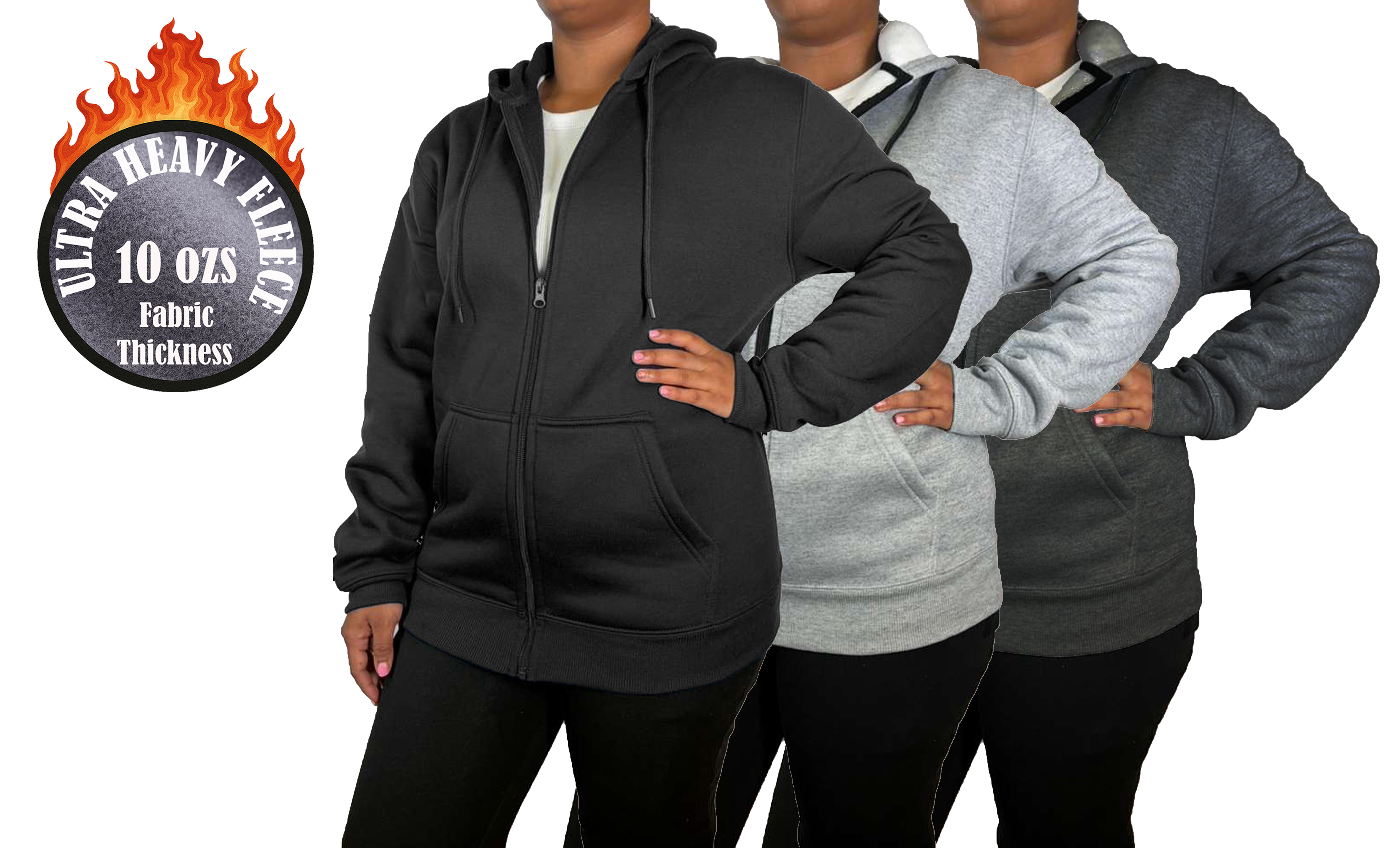 3Pk Womens Heavyweight Fleece-Lined Full Zip Hoodie - Gallery 9