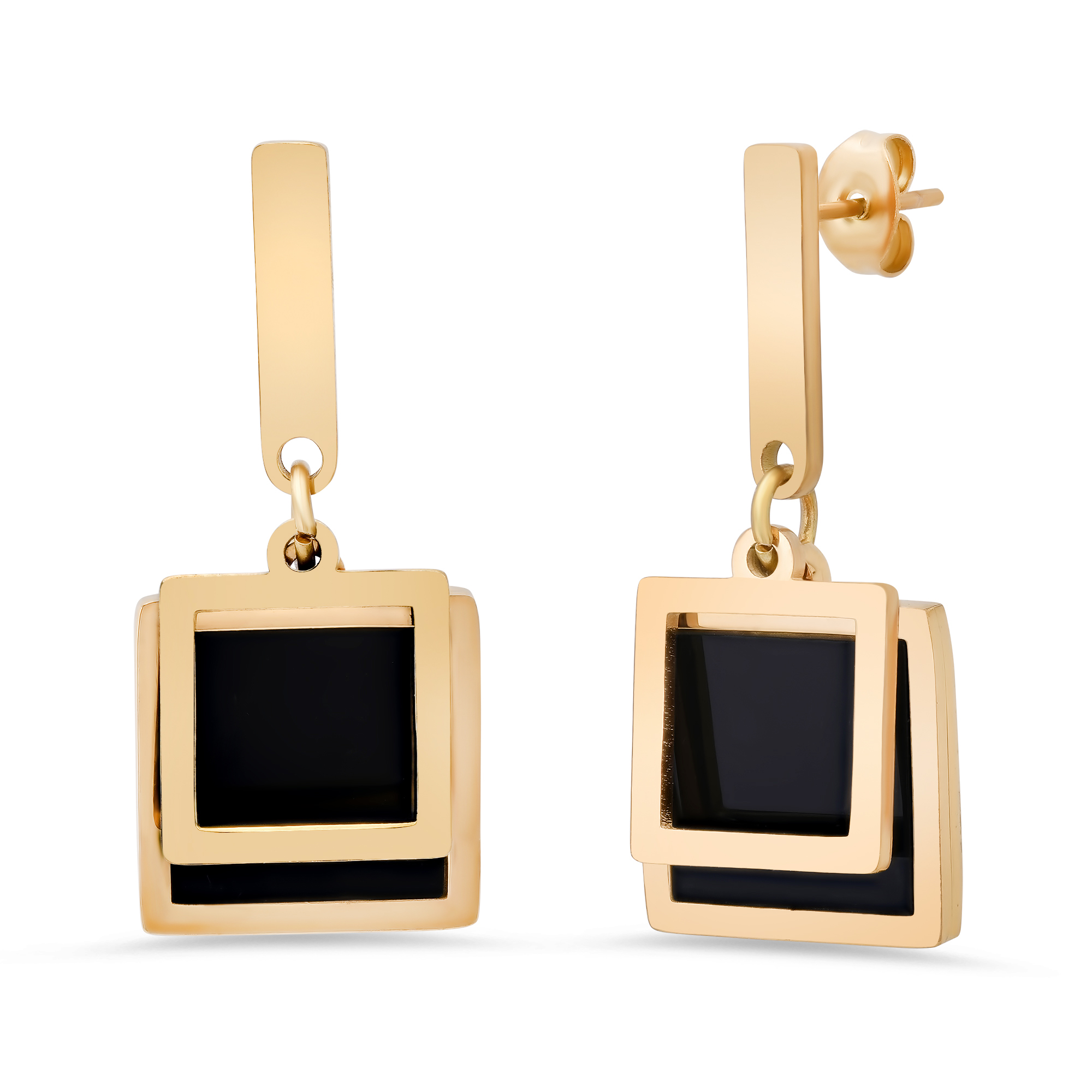 18K Gold Black Square Drop Earrings - Gallery 4