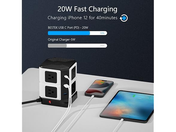 BESTEK Power Strip Tower with Wireless Charger