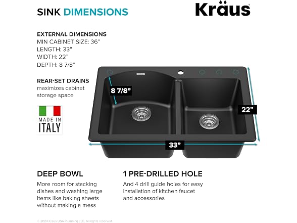 KRAUS Black 33 in Double Bowl Granite Kitchen Sink
