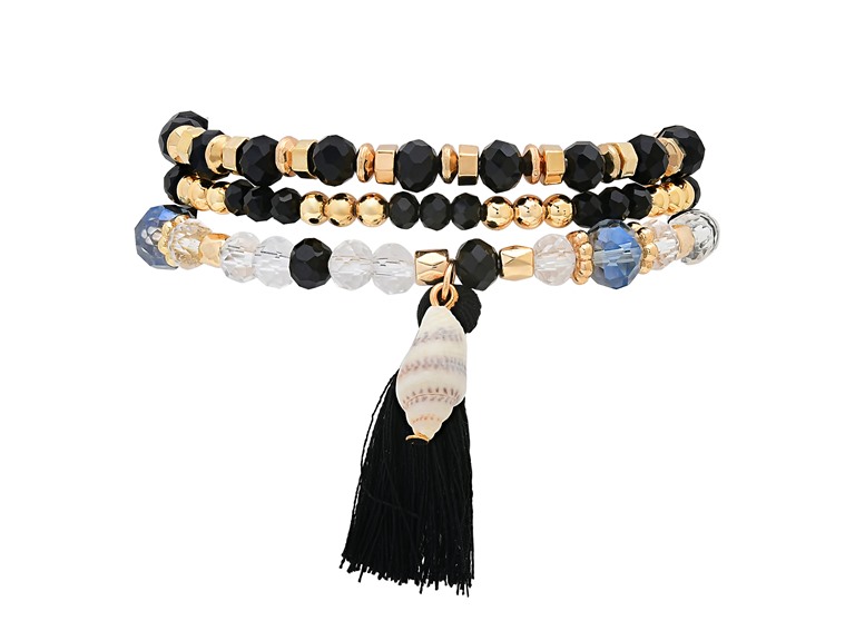 Stretch Beaded Bracelet Stack with Tassel & Shell Charm