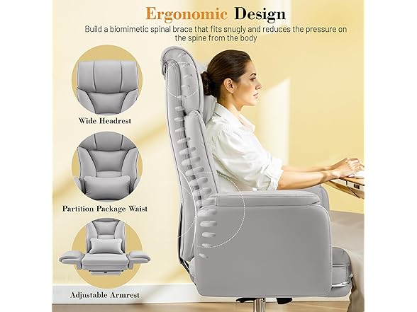 Big and Tall Office Chair, 400LBS Wide Leather Gaming Chair, High Back Executive Chair, Reversible Armrest for Pets 135° Reclining Cross Legged Desk Chair with Lumbar Support Footrest(Silver Gray) (Open Box)