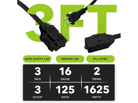 HBN Extension Cord, 3-Pack 3FT Black, 2 Prong