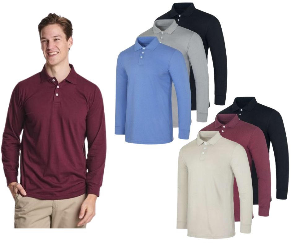 6PK Men's Cotton Long-Sleeve Polo Shirts - Gallery 5