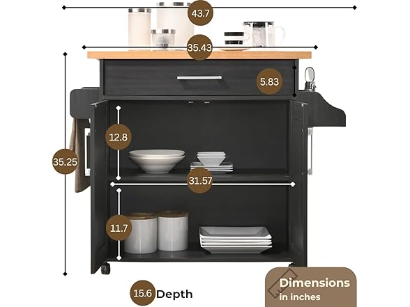 Hodedah Rolling Wood Kitchen Island Cart