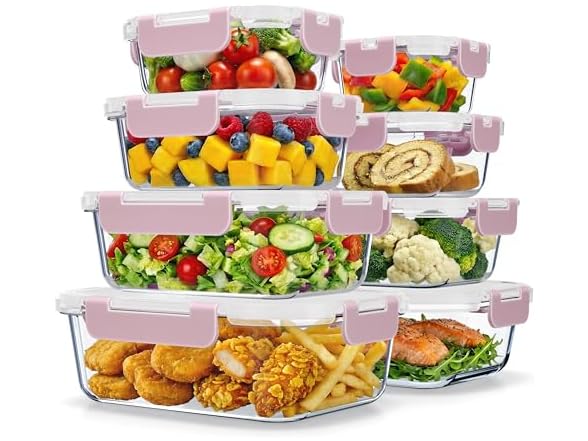 Borosilicate Glass Storage Containers with Lids 16 Pieces Pink