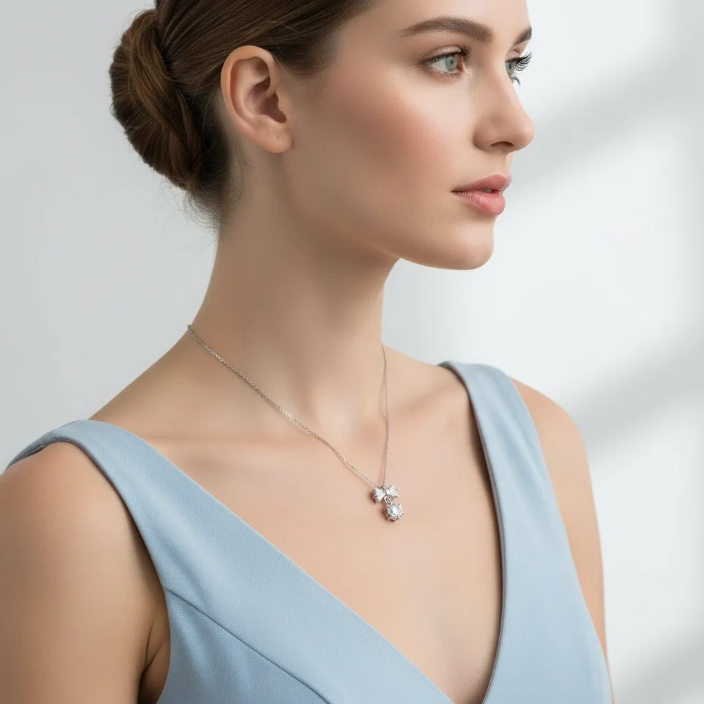 Moissanite Diamond Bow & Round Necklace - Gallery 6