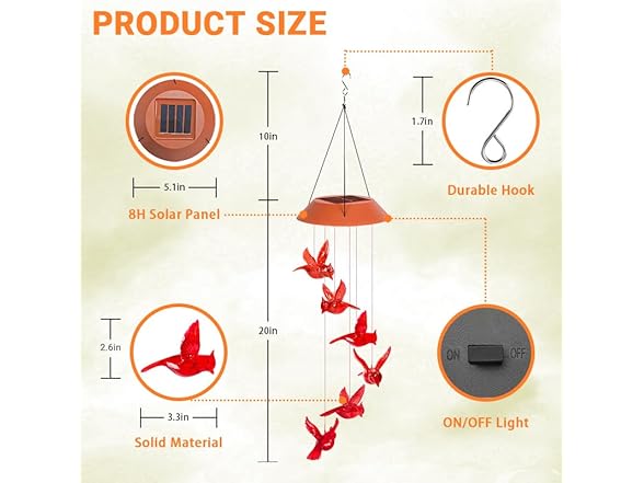 Solar Cardinal Bird Wind Chimes Outdoor