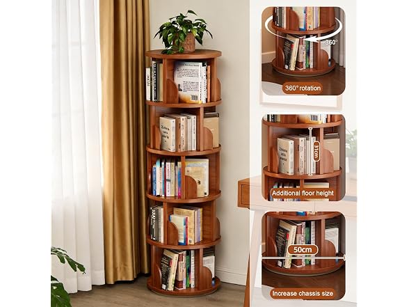 Rotating Bookshelf, 5-Tier 360 Wood