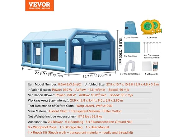 VEVOR Inflatable Paint Booth, 27.9 x 15.7 x 10.8 ft