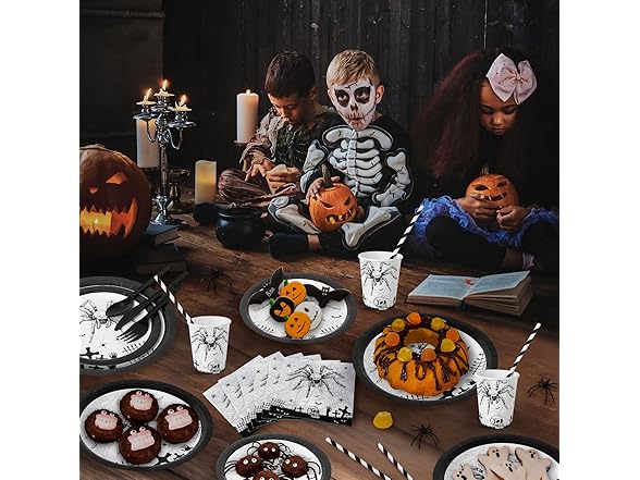 Halloween 215 Pcs Paper Plates, Napkins and Disposable Cutlery Set