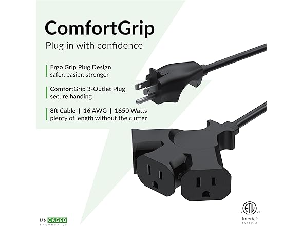 Comfort Grip 3 Outlet 8ft Extension Cord