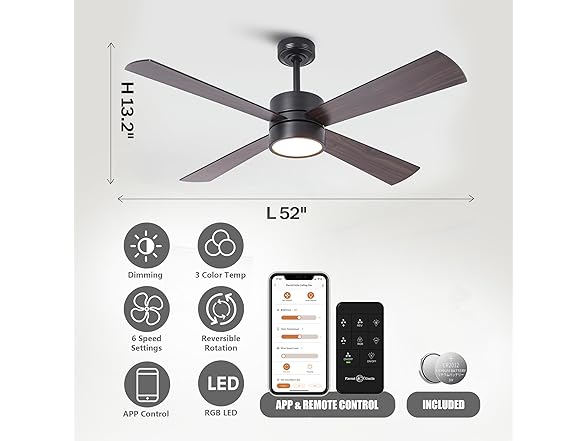 Parrot Uncle Ceiling Fan w/ Lights & Remote, 52" Black