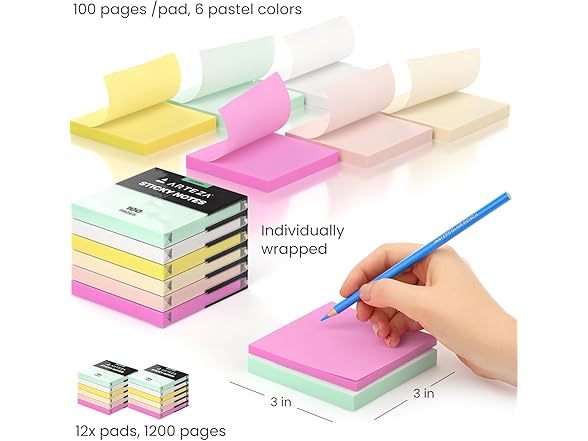 ARTEZA Sticky Notes, 3x3 Inches, 12 Pads