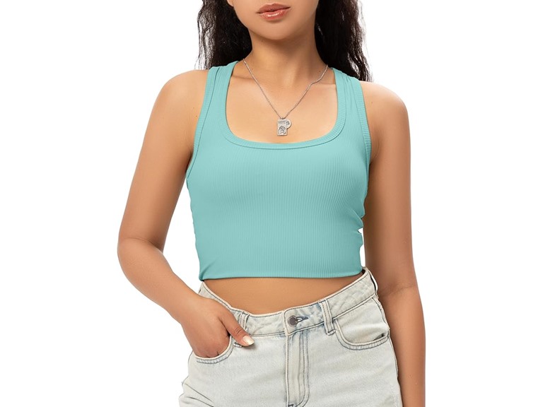 GGOV Sports Crop Tank Tops for Women Cropped Workout Tops Racerback Running Yoga Tanks Cotton Sleeveless Gym Shirts Blue