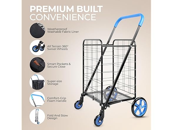 SereneLife Small Compact Folding Shopping Cart