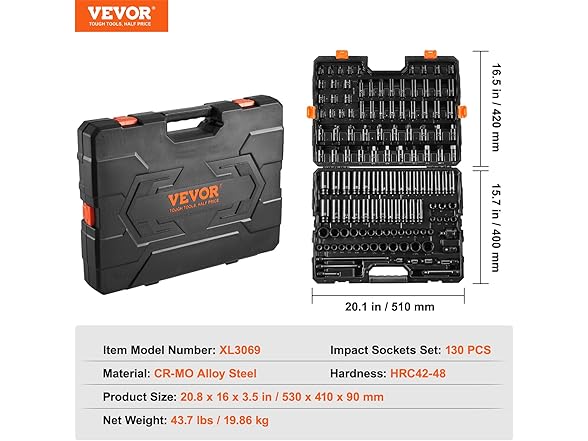 VEVOR Impact Socket Set 130 Piece 3/8" & 1/2" - SAE & Metric Drive Soc