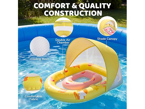 JUNLLY Baby Pool Float with Canopy, Yellow