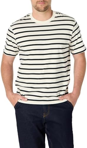 Amazon Essentials Men's Relaxed Fit T-Shirt, Eggshell White Black Mariner Stripe, Small