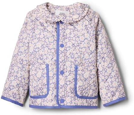 Amazon Essentials x Sofia Grainge Baby Girls' Midweight Quilted Field Jacket with Ruffle, Blue Ivory Delicate Floral, 24 Months