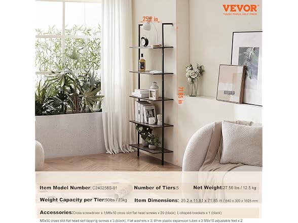 Ladder Shelf, 5-Tier Bookshelf 24x11.8in Black