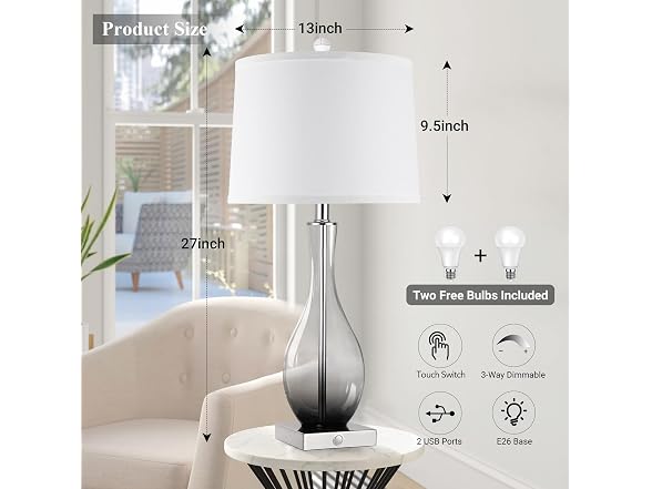 WIHTU Glass Table Lamps, Gray