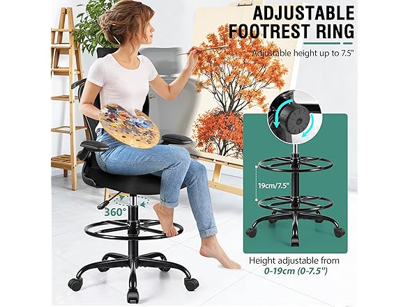 Drafting Chair, Tall Office Chair with 3D Lumbar & Head Support, Ergonomic Mesh Standing Desk Chair with Footring, Comfy Extended High Desk Chair with Flip-Up Arms & Hanger,Black (Open Box)