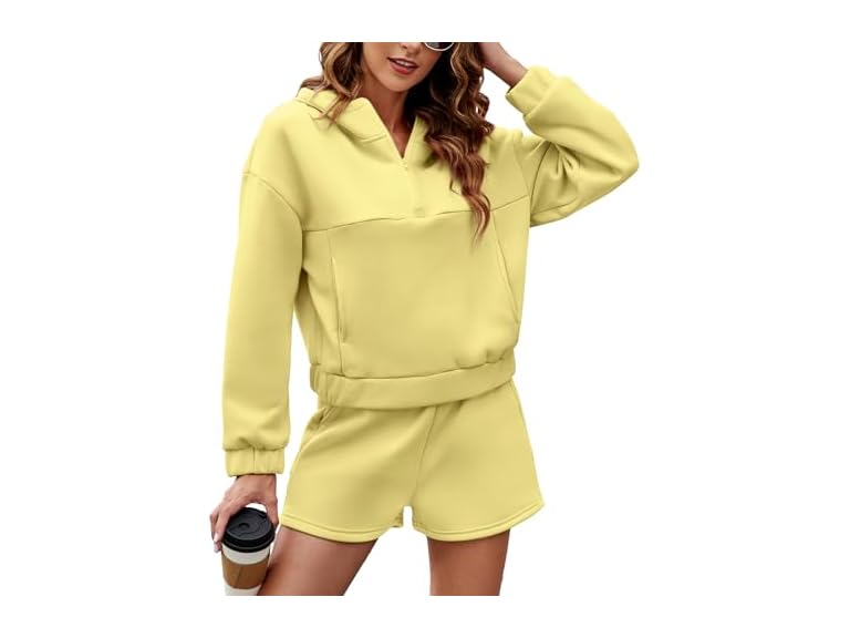FKEEP Womens 2 Piece Sweatsuit Outfits Half Zip Hoodie Sweat with Shorts Pockets Lounge Winter Tracksuit Wear Matching Set