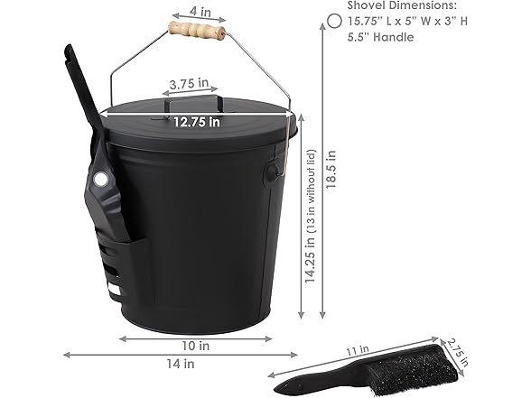 Sunnydaze 5‑Gallon Ash Bucket with Lid, Shovel & Brush