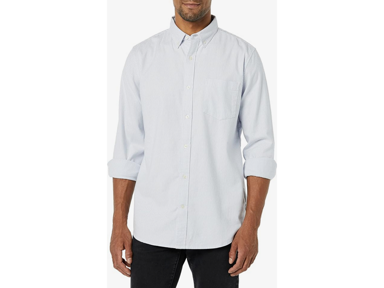 Amazon Essentials Men's Slim-Fit Long-Sleeve Stretch Oxford Shirt with Pocket, Powder Blue Vertical Stripe, Medium