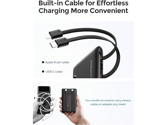 WeeFancy Mini 10000mAh Power Bank Built-In Cables