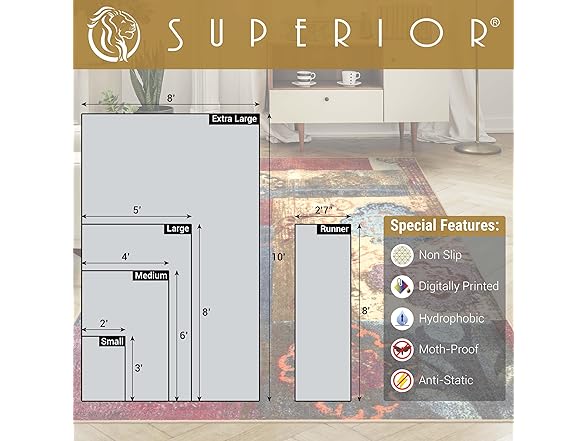 Superior Non-Slip Emory Indoor Area Rug Washable, Brown