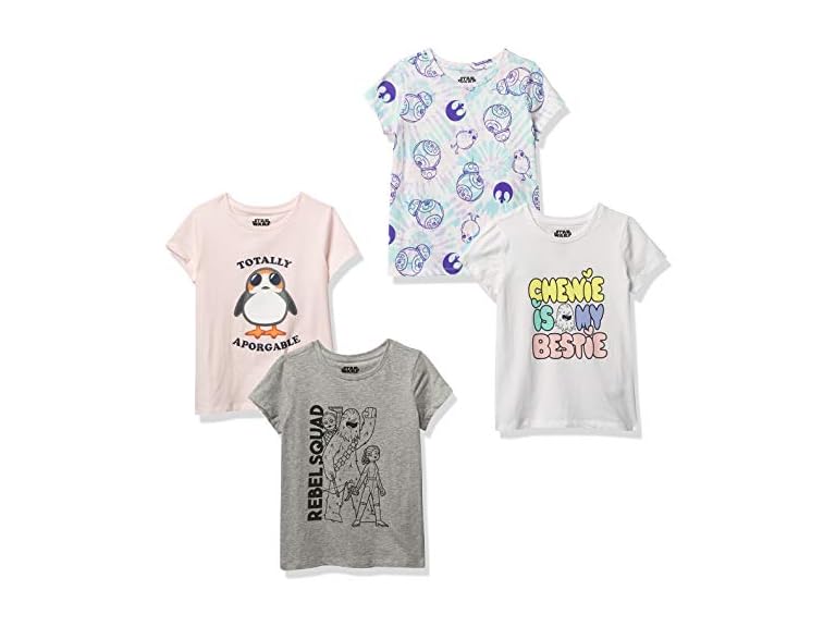 Amazon Essentials Disney | Marvel | Star Wars | Frozen | Princess Girls' Short-Sleeve T-Shirts, Pack of 4, Pink/Grey/Star Wars Rebel, X-Small