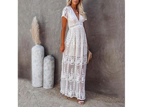 Huntarry Women (L) Lace V Neck Tulle Lace Dress
