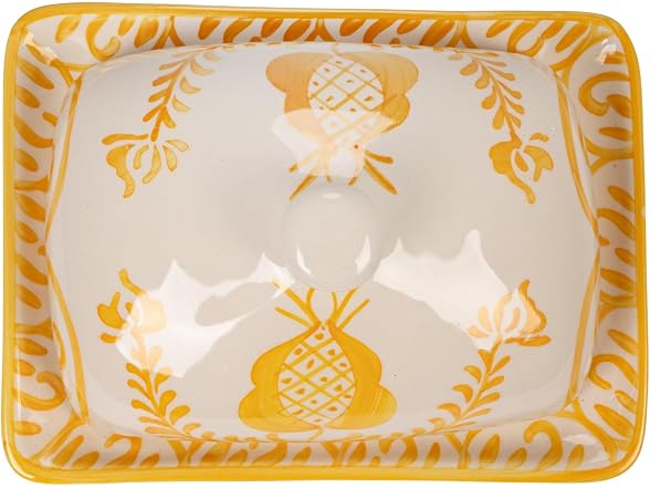 Creative Co-Op Stoneware Butter Dish with Botanical Design, Yellow and White